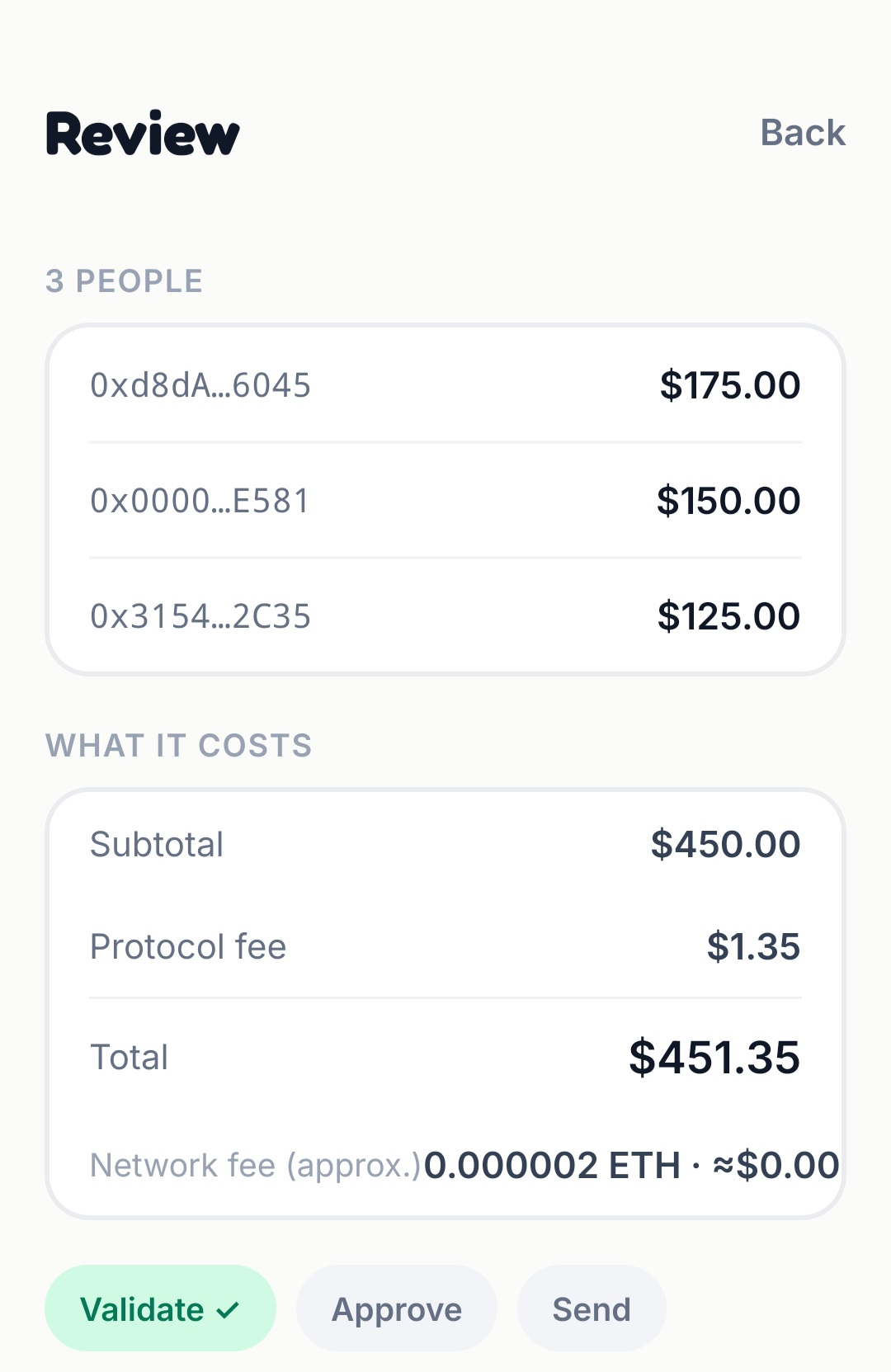 Spraay batch payment review screen listing the selected recipients and the total to send.